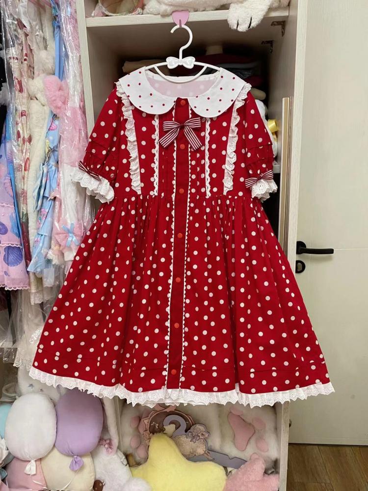 Picking Mushroom White and Red Polka-dot Pattern Short Sleeves One Piece