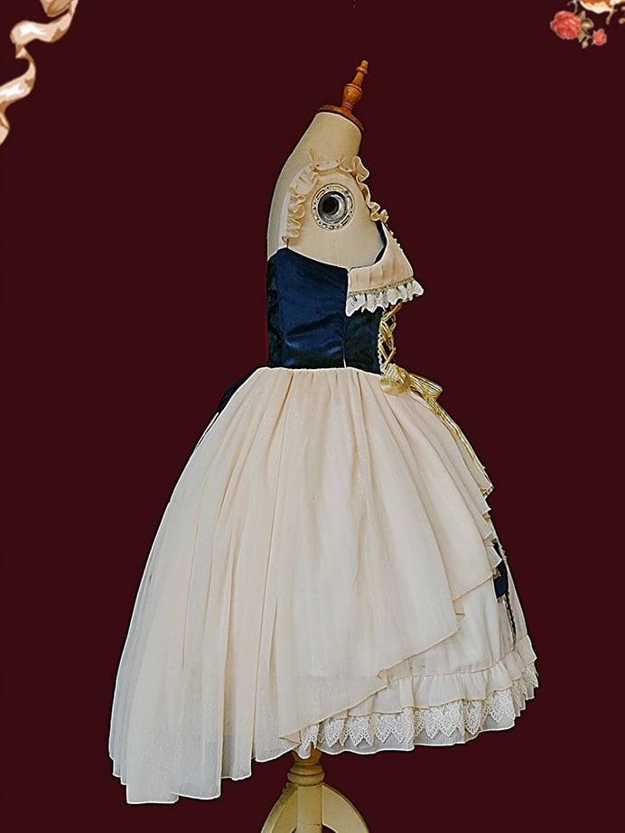 Immortal Song Beige and Dark Blue Ruffle Square Neckline Lace-up Details Jumper Skirt