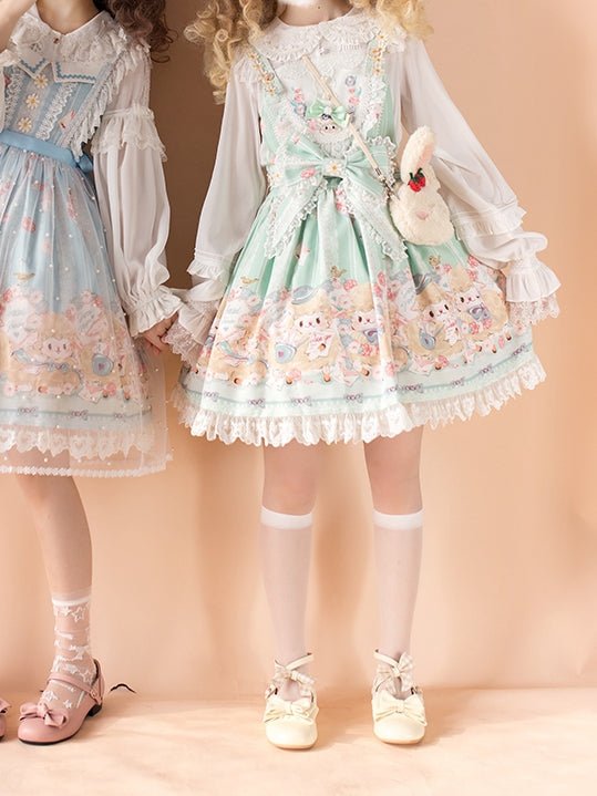 Lamb Print Bowknot Details Jumper Skirt