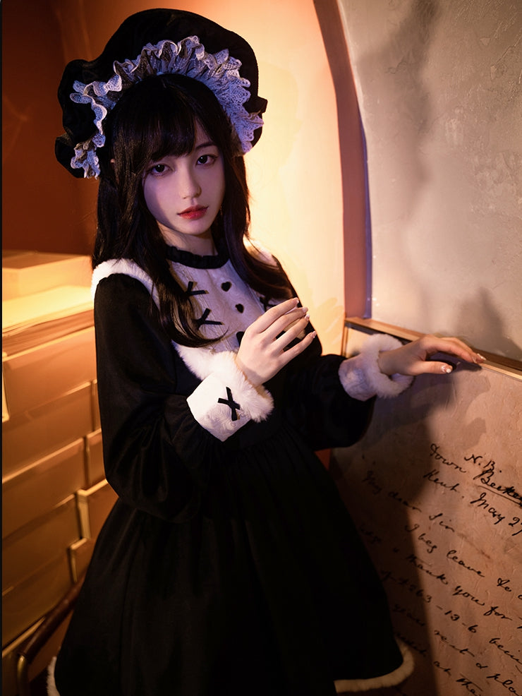 Humanoid Time Color Black Ruffle Round Neckline Plush Hemline Velvet Long Sleeves One Piece