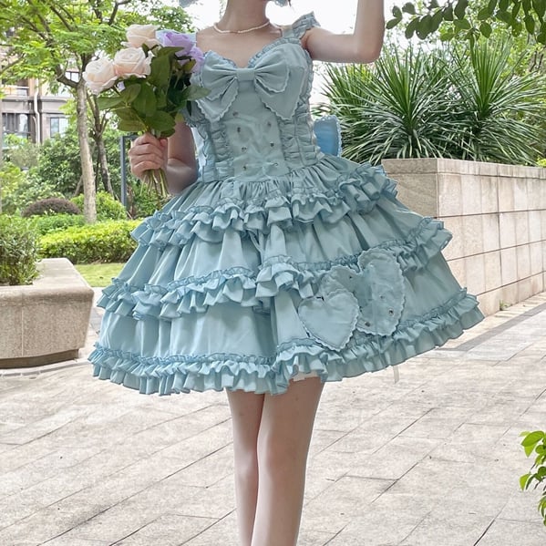 7 Color Options Lace-up Detail Sweetheart Neckline Ruffle Trim Hem Jumper Skirt