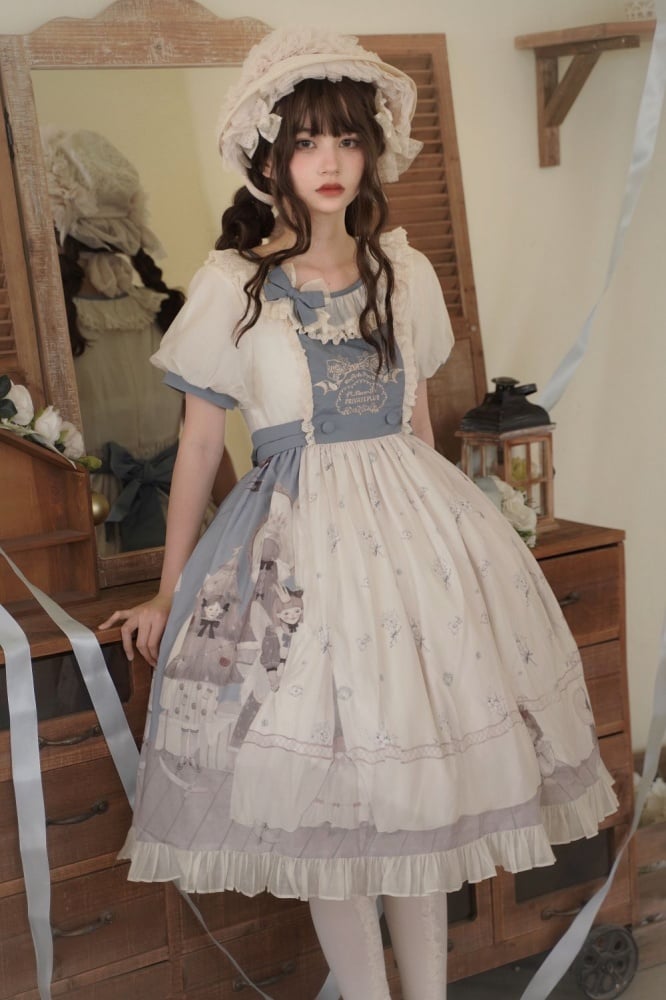 Spring Curtain Country Style Little Girl Print Embroidery Round Neck Bowknot Details Short Sleeves One Piece