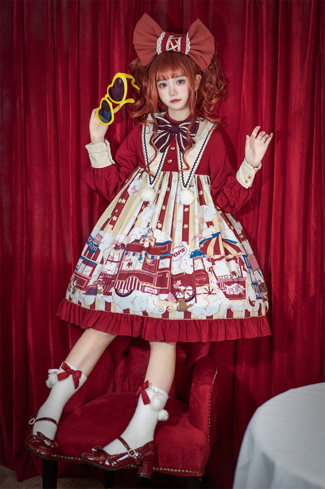 Popcorn and Star Pattern Print Pointed Collar One Piece Red and Yellow