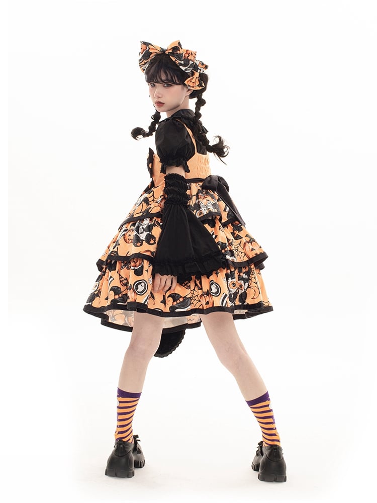 Strawberry Milk Ball Orange Bowknot Detail Strawberry Print Tiered Hem Jumper Skirt