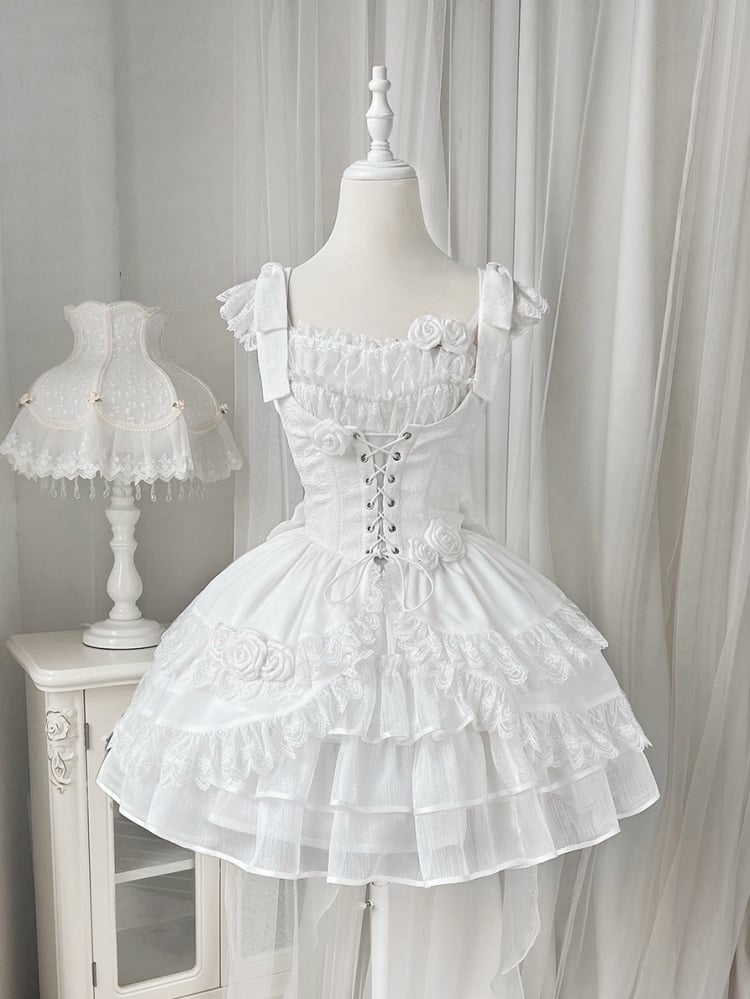 White Ruffle Hem Thin Shoulder Straps Jumper Skirt + Waistcoat Set
