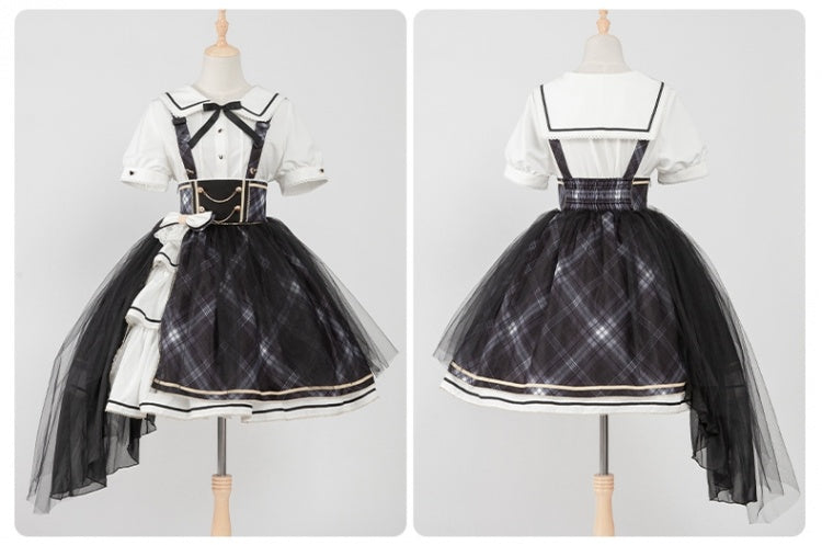 In Stock Plaid Tiered Flounce Hem Idol Overall Skirt+ White Shirt Set