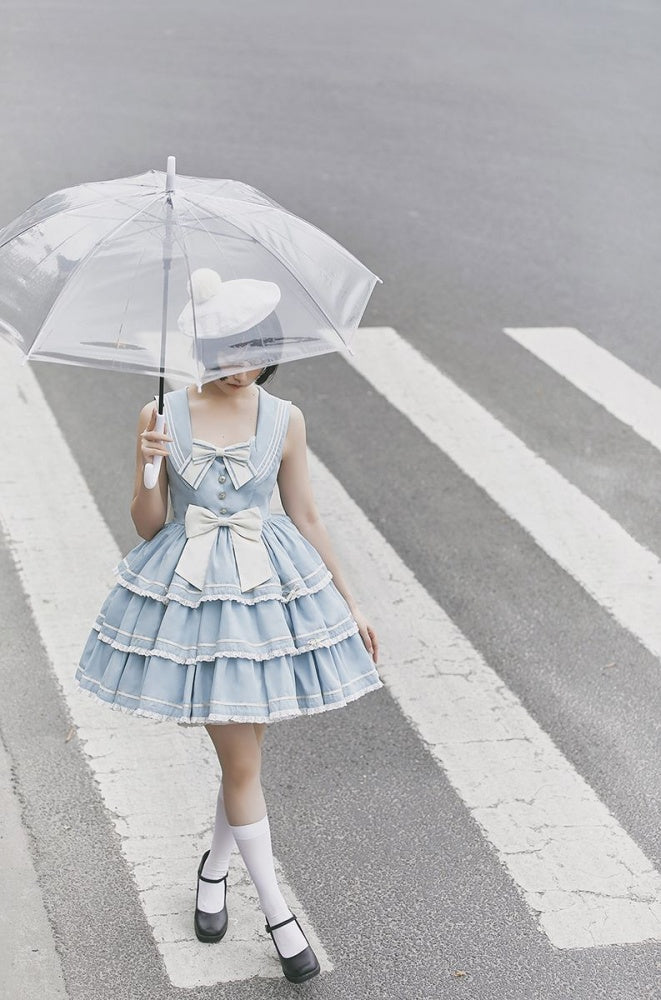 Untitled Sea Breeze Light Blue Sailor Lolita Tiered Skirt Jumper Skirt