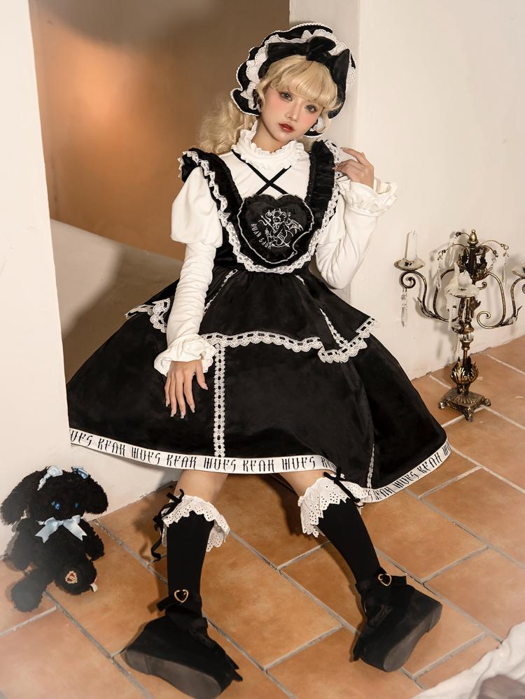 In Stock Runaway Bear Emboridery Heart-shaped Neckline Letter Print Hemline Velvet Jumper Skirt