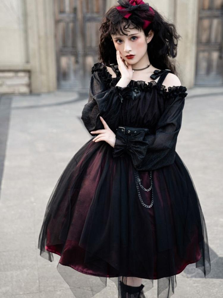 Vampire Wine Red Gothic One Piece with Black Pu Corset Belt