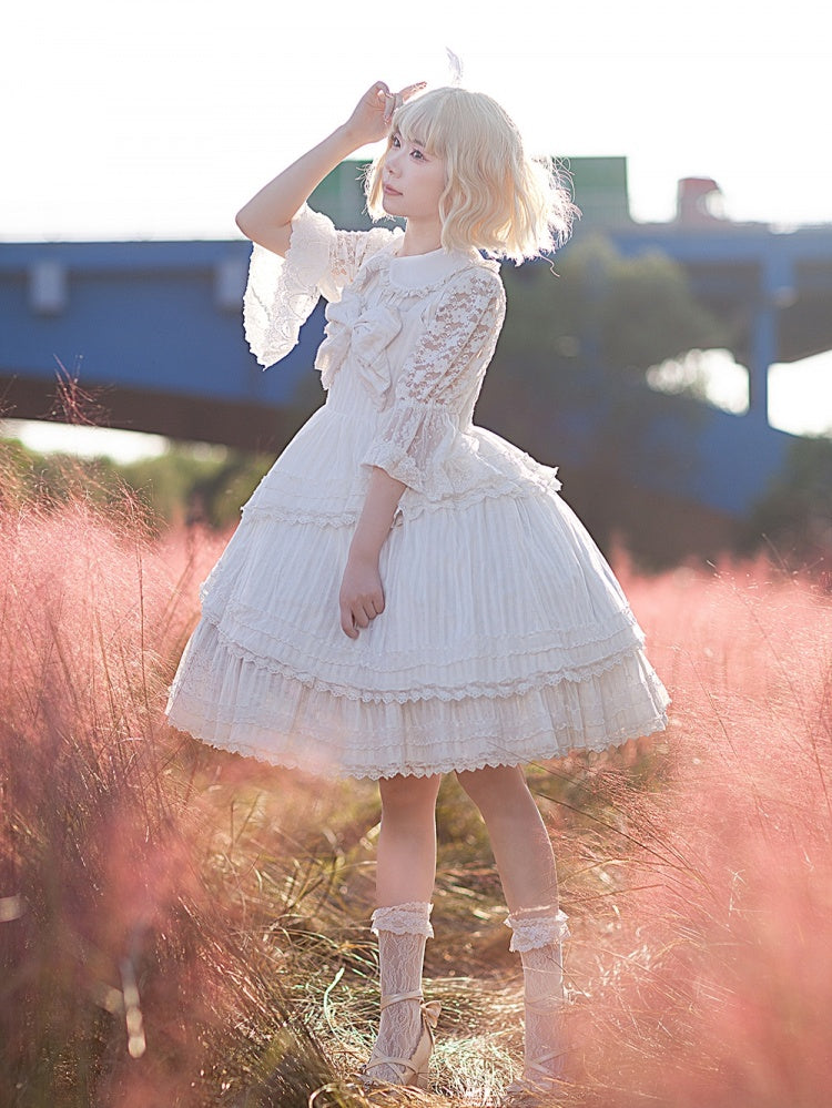 Dawn Tower Color White Big Bow Bodice High Waist Jumper Skirt
