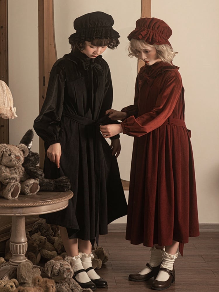 Winona Red/Black Velvet and Corduroy Ruffle Neckline Long Balloon Sleeves One Piece