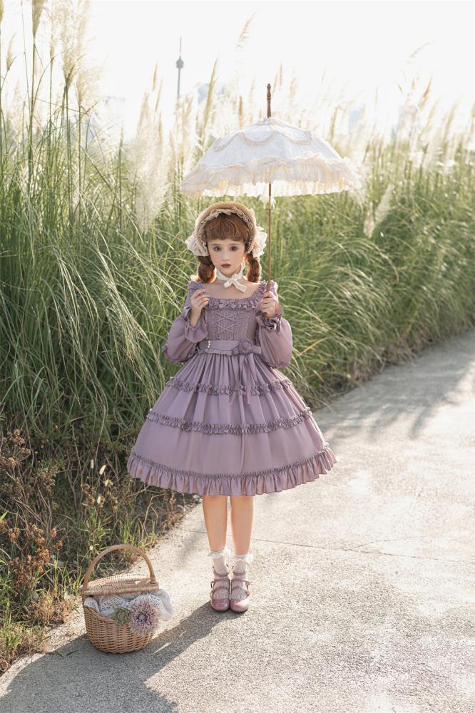 Square Neckline Smocked Elastic Front Bodice Ruffle Hemline Long/Short Sleeves Lolita OP