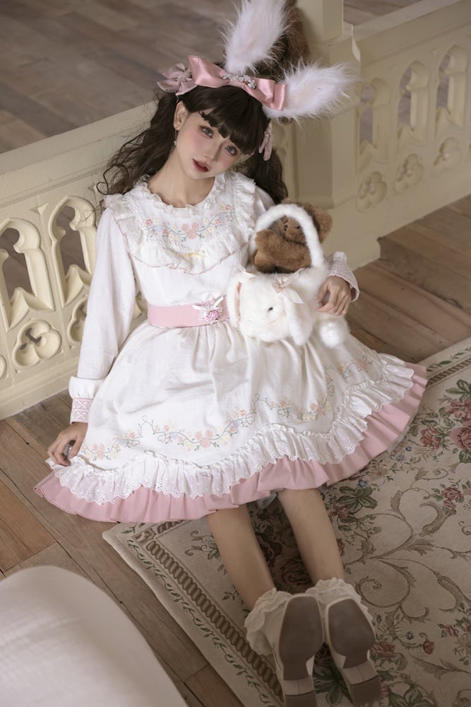 Time Collection White and Pink Peter Pan Collar/Ruffle Round Neck Long Sleeves One Piece
