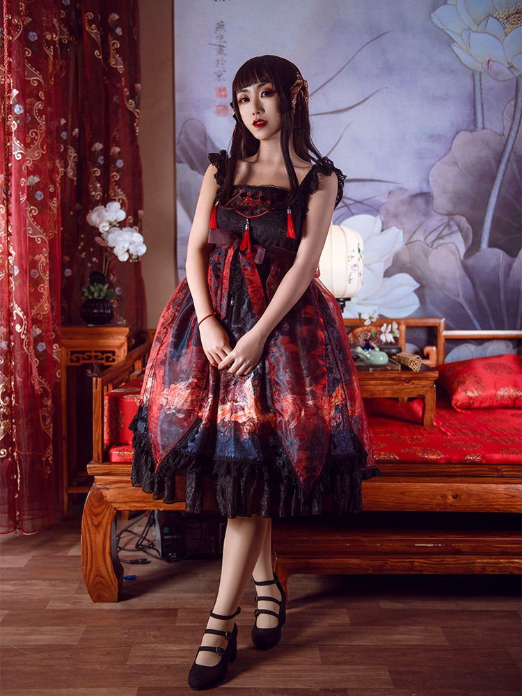 In Stock Lotus Bloom Fish Print Flounce Hemline Chinoiserie Style Jumper Skirt