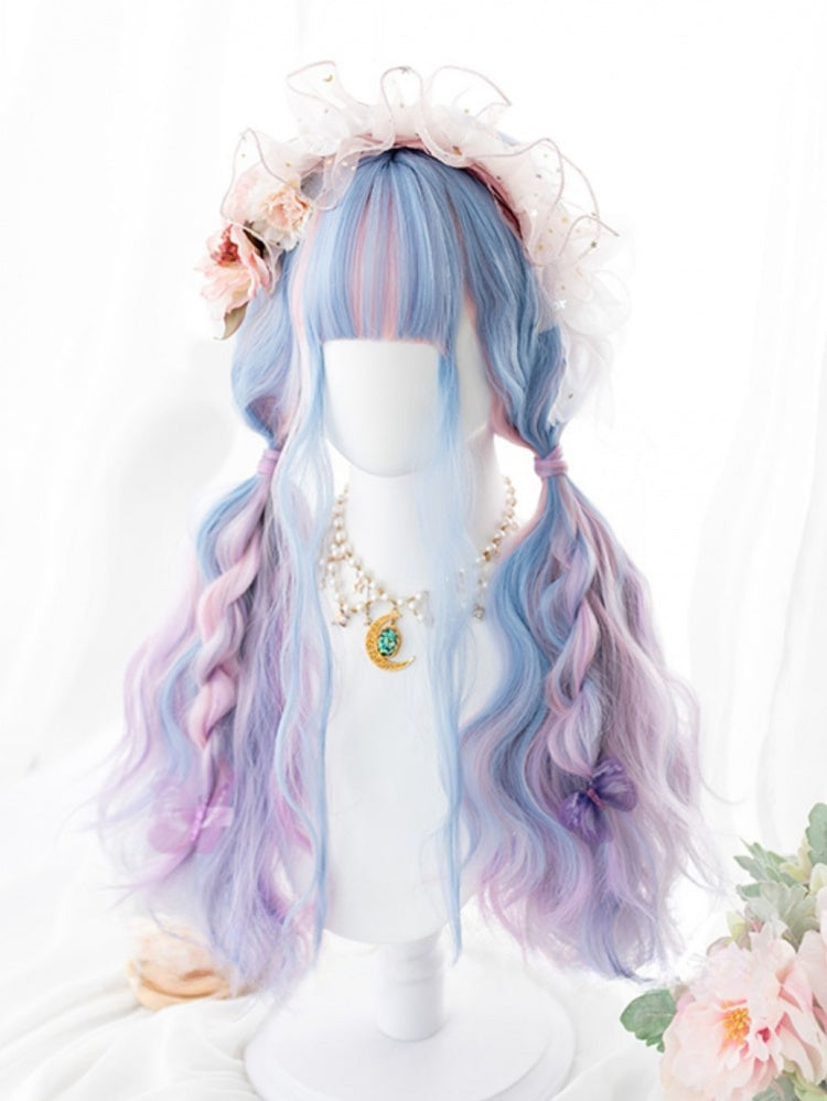 Mixed Hair Color Long Wavy Synthetic Wig with Full Bangs