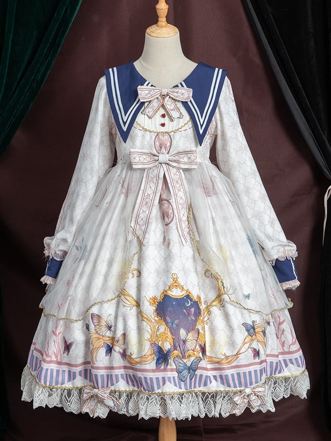 White Butterflies Print High Waist Long Sleeves One Piece