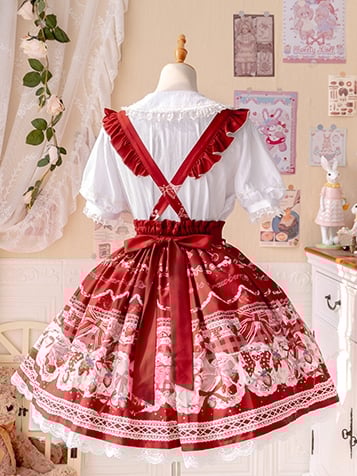 Red Bunny Strawberry Print Sweet Overall Dress+White Peter Pan Collar Blouse Set