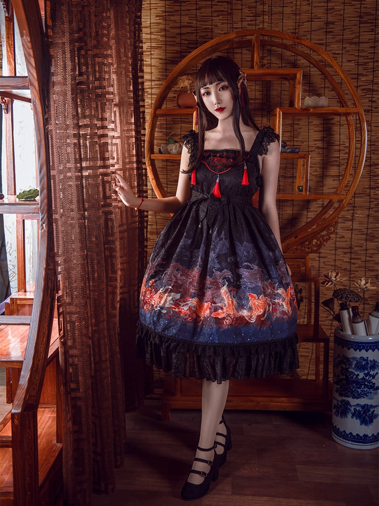 In Stock Lotus Bloom Fish Print Flounce Hemline Chinoiserie Style Jumper Skirt