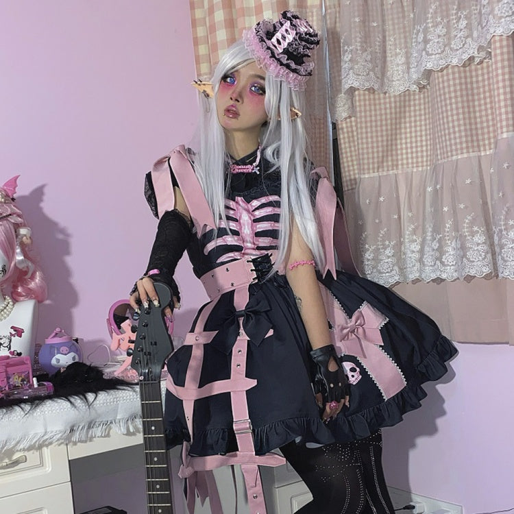 In Stock Dark Birdcage Skull Print Bowknot High Waist Lolita JSK