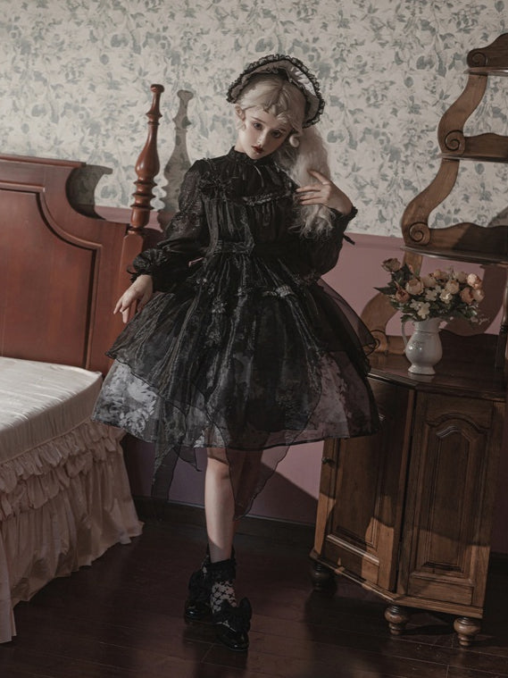 Withered Leaves Print Handkerchief Overlay Hem Empire Waist Jumper Skirt + Blouse Set