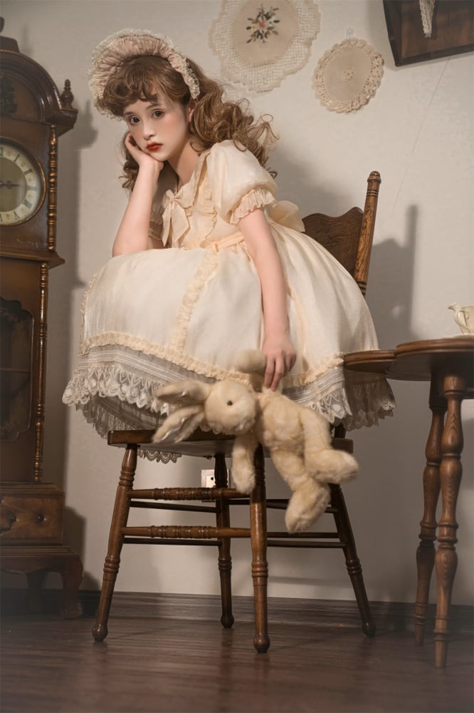 Warm Breeze Into String Peter Pan Collar High Waist Short Sleeves Lolita OP