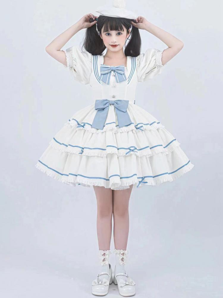 Untitled Sea Breeze Ivory Sailor Lolita Tiered Skirt Short Sleeves One Piece