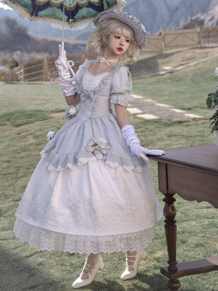 White and Blue Floral Bowknot Design One Piece