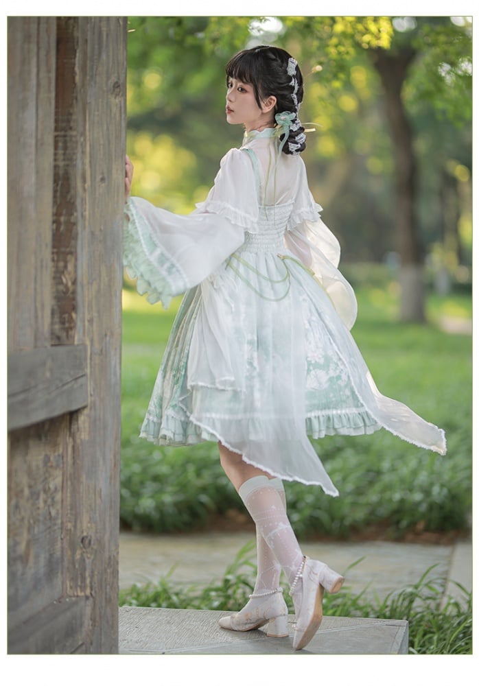 Swan Castle Print Green Qi Style Jumper Skirt/Full Set Embroidery Ruffle Hem