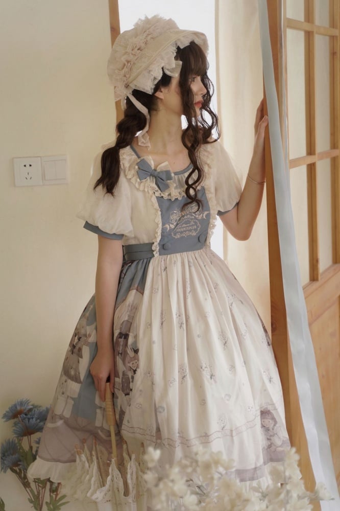 Spring Curtain Country Style Little Girl Print Embroidery Round Neck Bowknot Details Short Sleeves One Piece