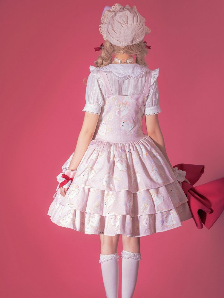 In Stock Kitty Print Bowknot Details Tiered Ruffle Hem Overall Dress