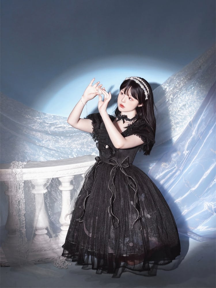 Sweet Bowknot Details Ruffle Neckline Beads Halter Neck Short Puff Sleeves One Piece