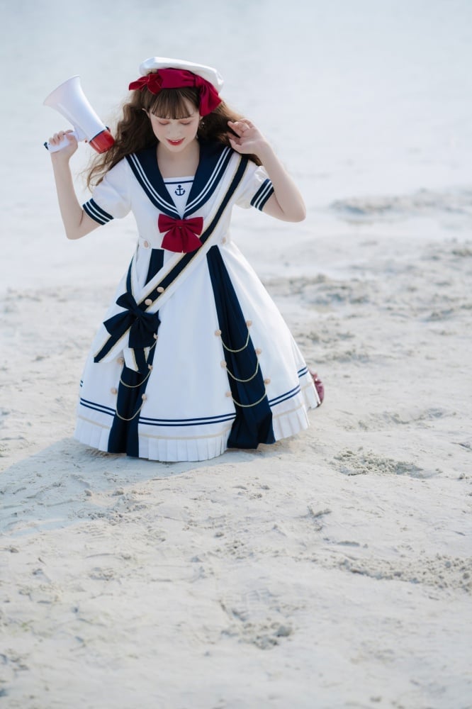 Sea Breeze Dark Blue Sailor Collar One Piece High Waist Sweet Dress with Bow Tie and Ribbon