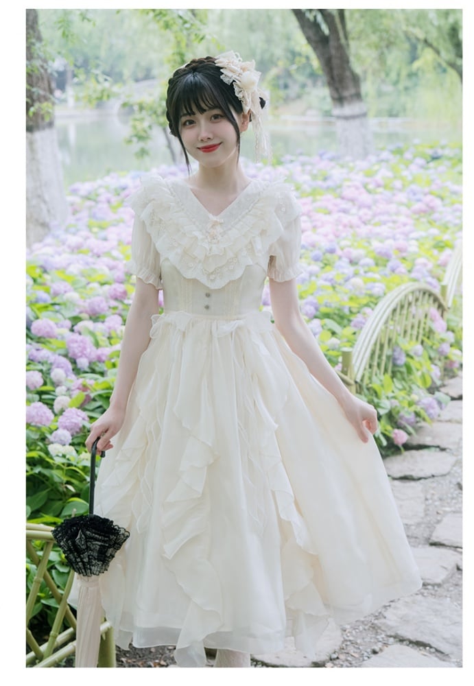 Ruffles V-neck Dress Beige Cascading Ruffle Trim One Piece