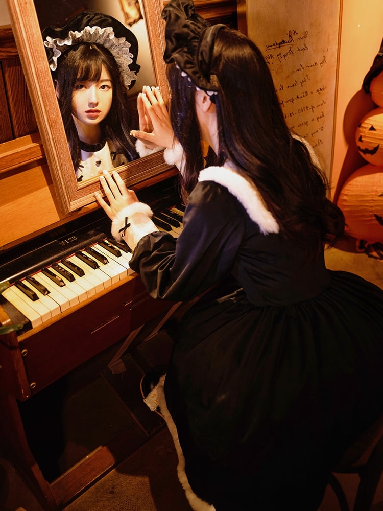 Humanoid Time Color Black Ruffle Round Neckline Plush Hemline Velvet Long Sleeves One Piece