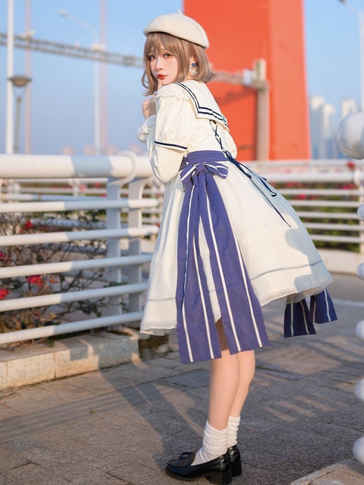 Sea Breeze Whispers Big Bow Ruffle Trim Long Sleeves One Piece