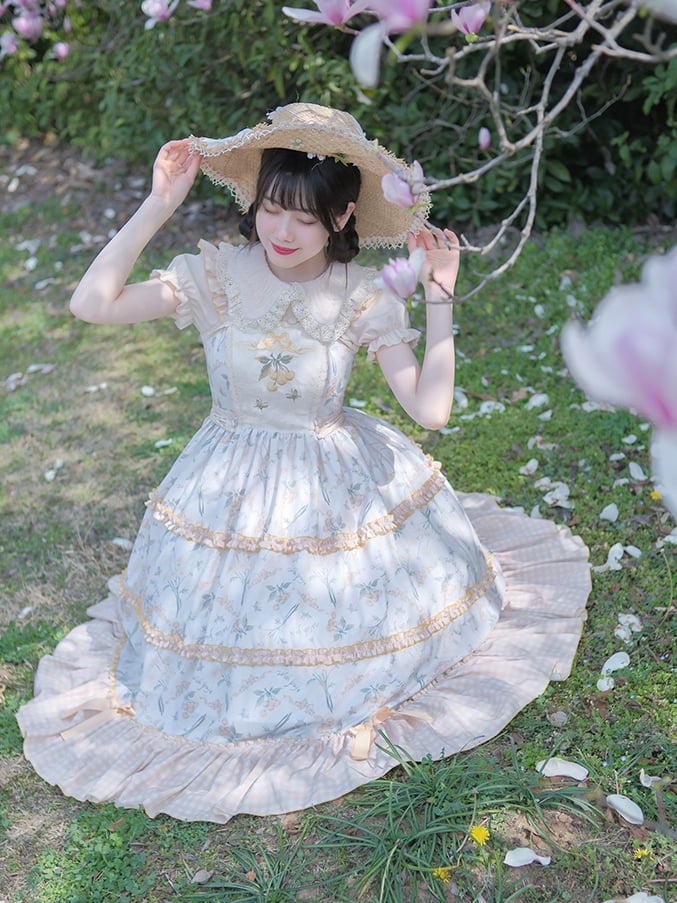 Light Orange Floral Print Jumper Skirt Plaid Pattern Hemline