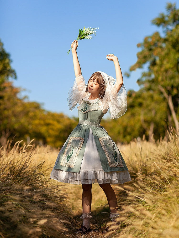 Lily of the Valley Color Light Green Bowknot Details HIgh Waist Jumper Skirt