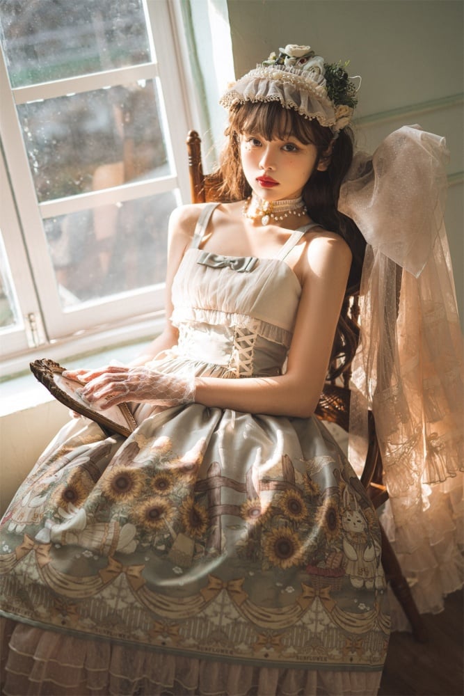 Sunflowers and Bunny Print Spring Jumper Skirt Tulle Overdress Set