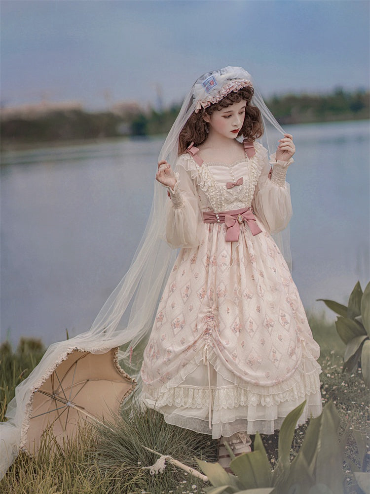 Time Letter Paper Floral Print Bowknot Details Drawstring Ruffle Hem Long Sleeves One Piece