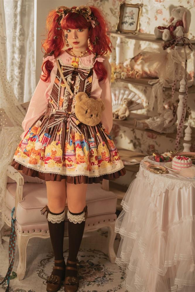 Little Bear and Pot Built-in Petticoat Bear and Biscuit Print Overalls