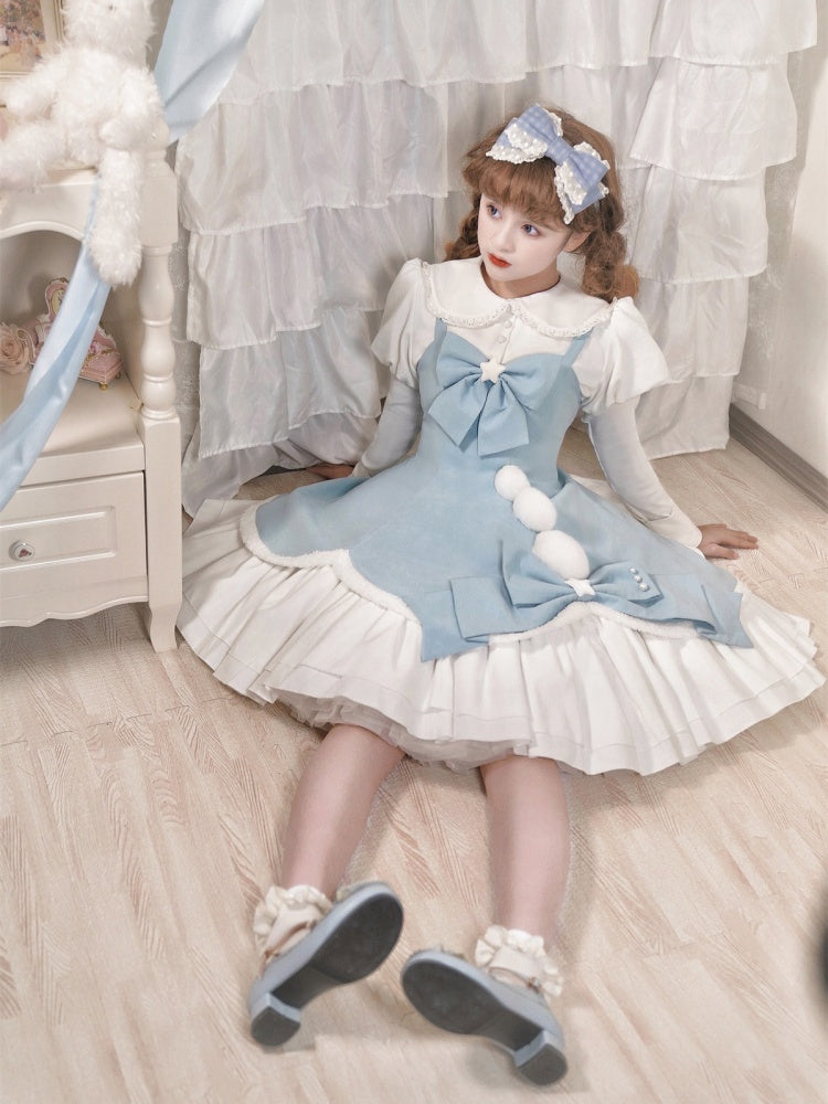 Winter Fairy Tale White and Blue Pompons Bowknot Details Jumper Skirt