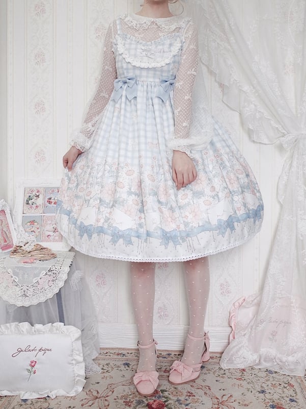 Margaret Floral Print Bowknot Details Gingham Pattern V-neck Jumper Skirt