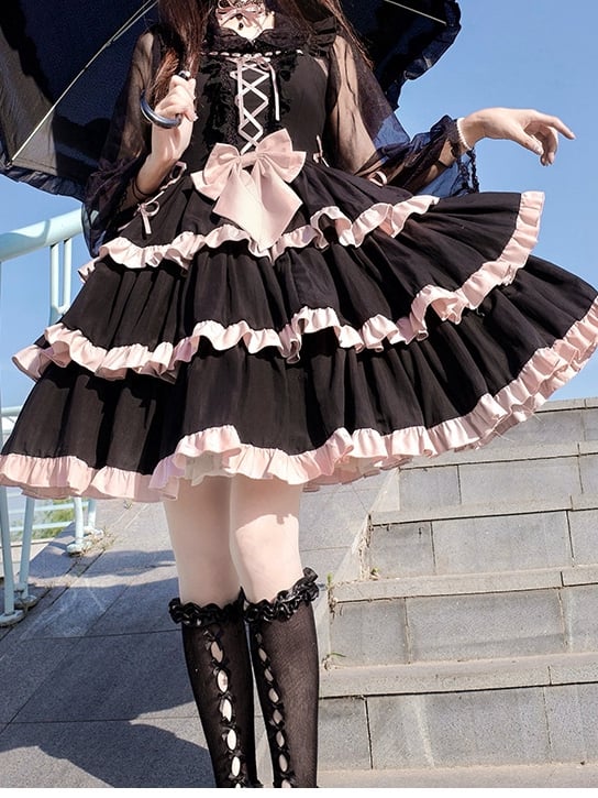 Lace-Up Detail Sweet Jumper Skirt Tiered Skirt Dress/Full Set Long Version