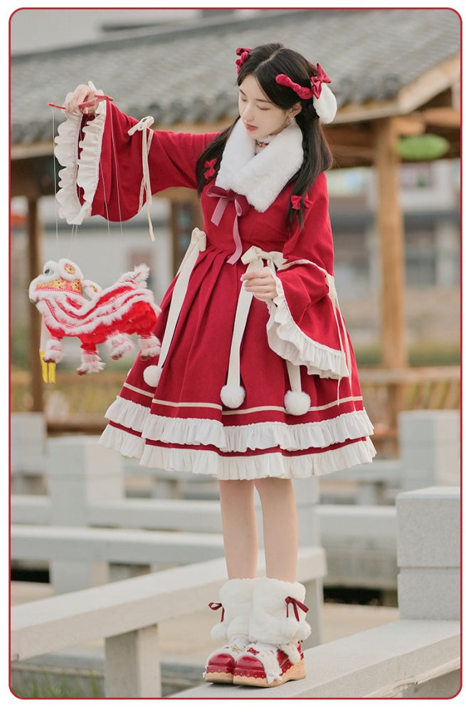 New Year Red and White Plush High Neck Ruffle Hemline Long Sleeves One Piece