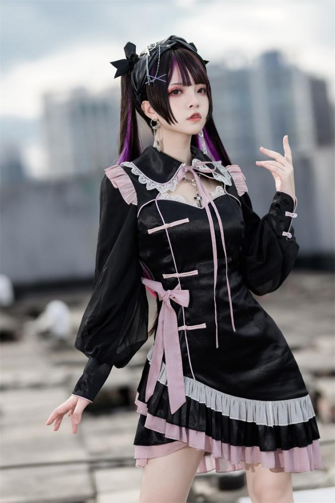 Sixteen Night Rose Qipao Style Turndown Collar Asymmetrical Ruffle Hemline Long Sleeves One Piece