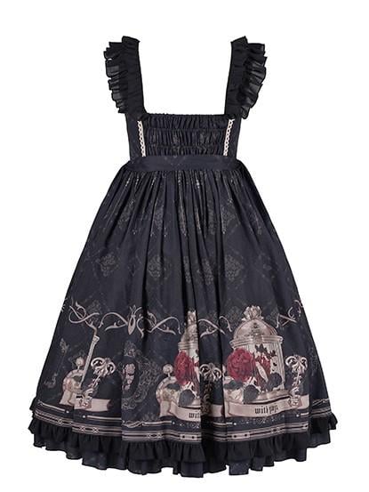 Nightingale and Rose Print Big Bow Ruffle Trim Lolita JSK