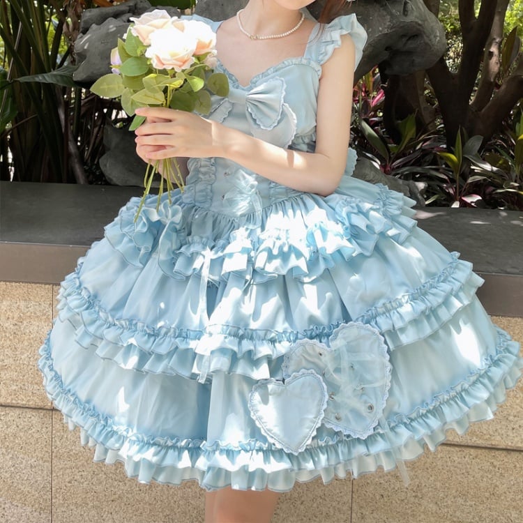 7 Color Options Lace-up Detail Sweetheart Neckline Ruffle Trim Hem Jumper Skirt