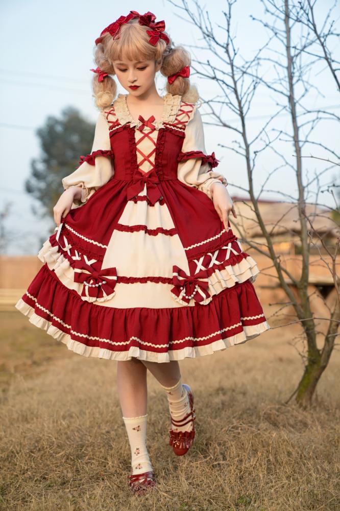 Wine Red Bowknot Details One Piece Snow White Dress/Full Set Square Neckline