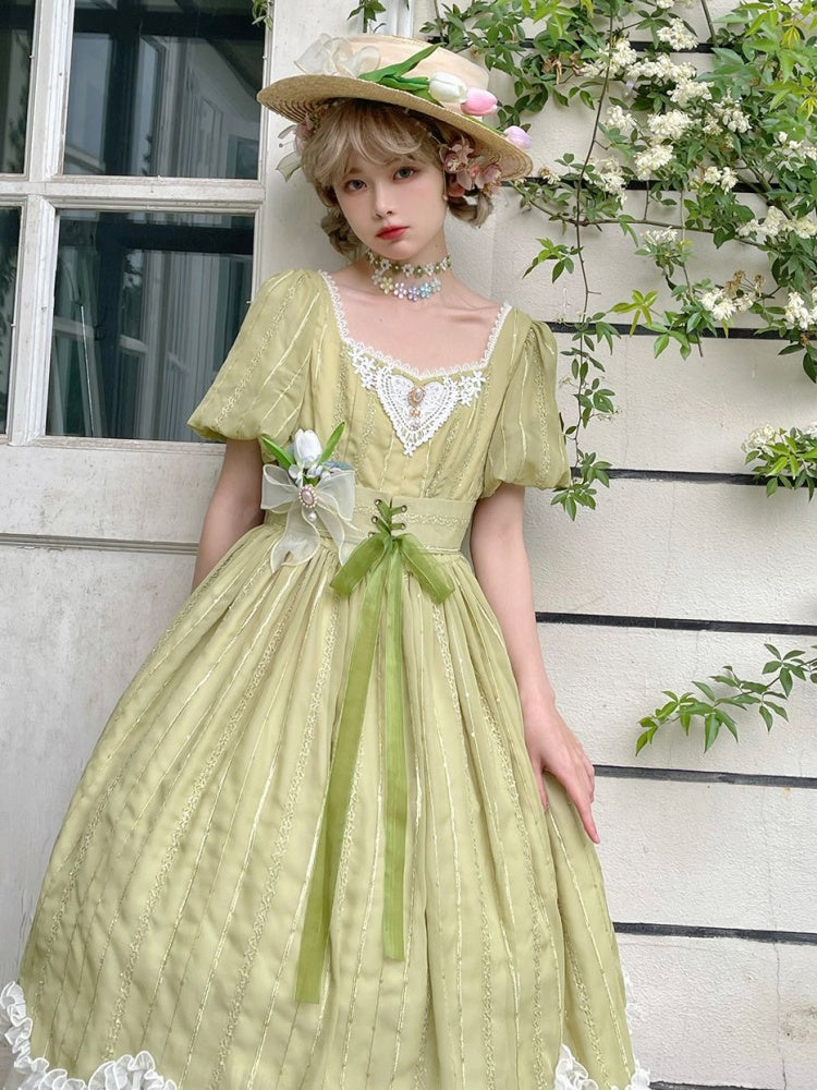 Tulip 1.0 Tiered Skirt and Ruffle Trim Short Sleeves One Piece Version A (Lace Applique Neckline)/Version B