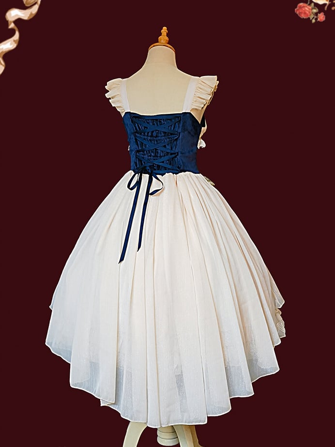 Immortal Song Beige and Dark Blue Ruffle Square Neckline Lace-up Details Jumper Skirt